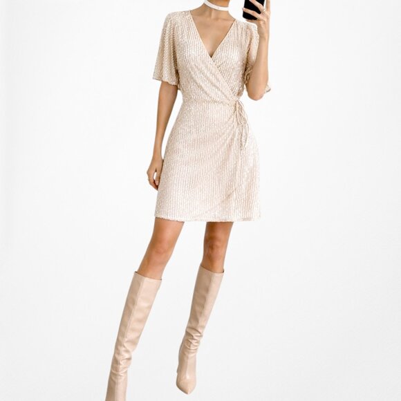 Zara Off White Cream Ruffle Short Sleeve Wrap Flared Sequin Mini Dress Size M/L - Picture 3 of 7
